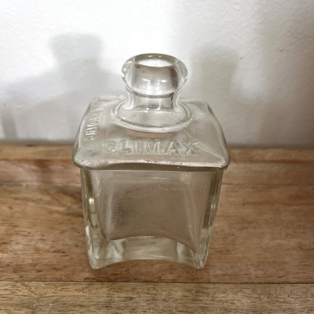 Antique CLIMAX INK Glass WELL JAR BOTTLE Concave